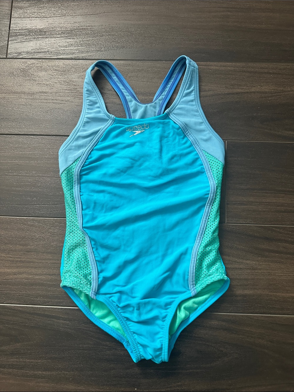 Speedo Girls Mesh Splice Thick Strap. Color-Darling Ditsy. Size 8